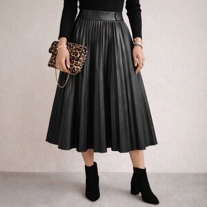 Pinch Black Pleated Faux Leather Midi Skirt